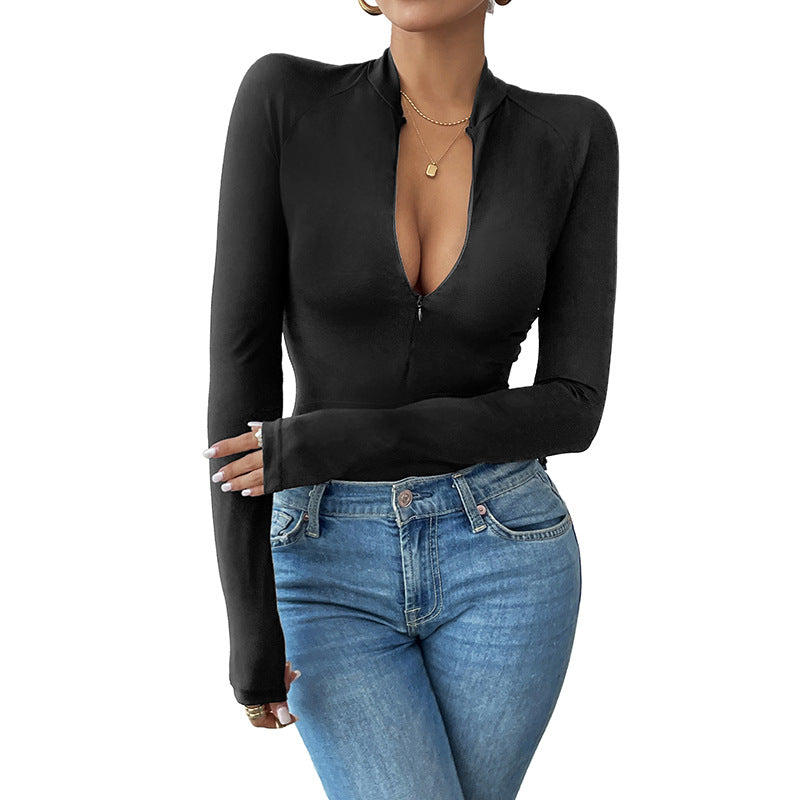 Bodycon Long Sleeve Bodysuit with Half-Zip Mock Neck