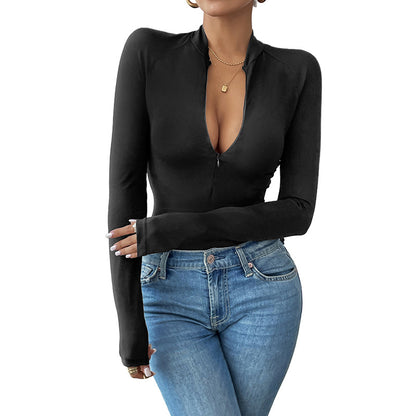 Bodycon Long Sleeve Bodysuit with Half-Zip Mock Neck