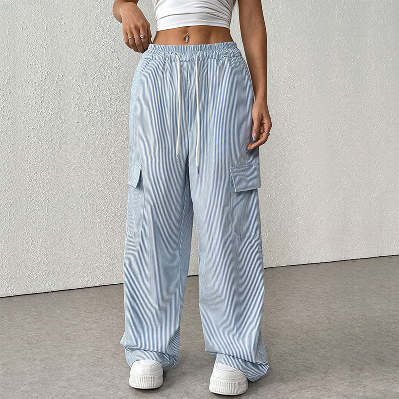 Pleated Wide-Leg Cargo Pants with Drawstring Waist