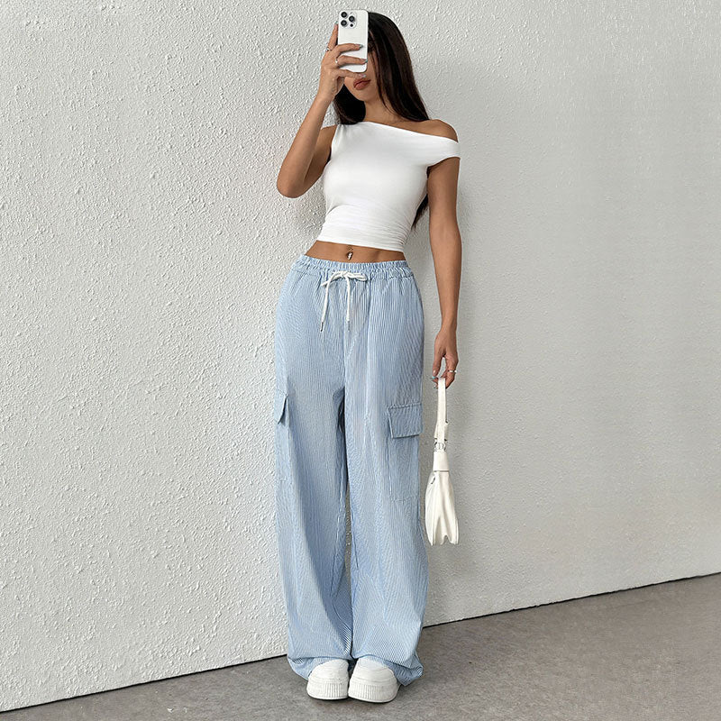 Pleated Wide-Leg Cargo Pants with Drawstring Waist