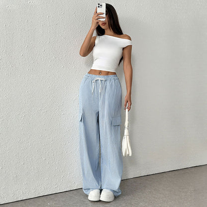 Pleated Wide-Leg Cargo Pants with Drawstring Waist