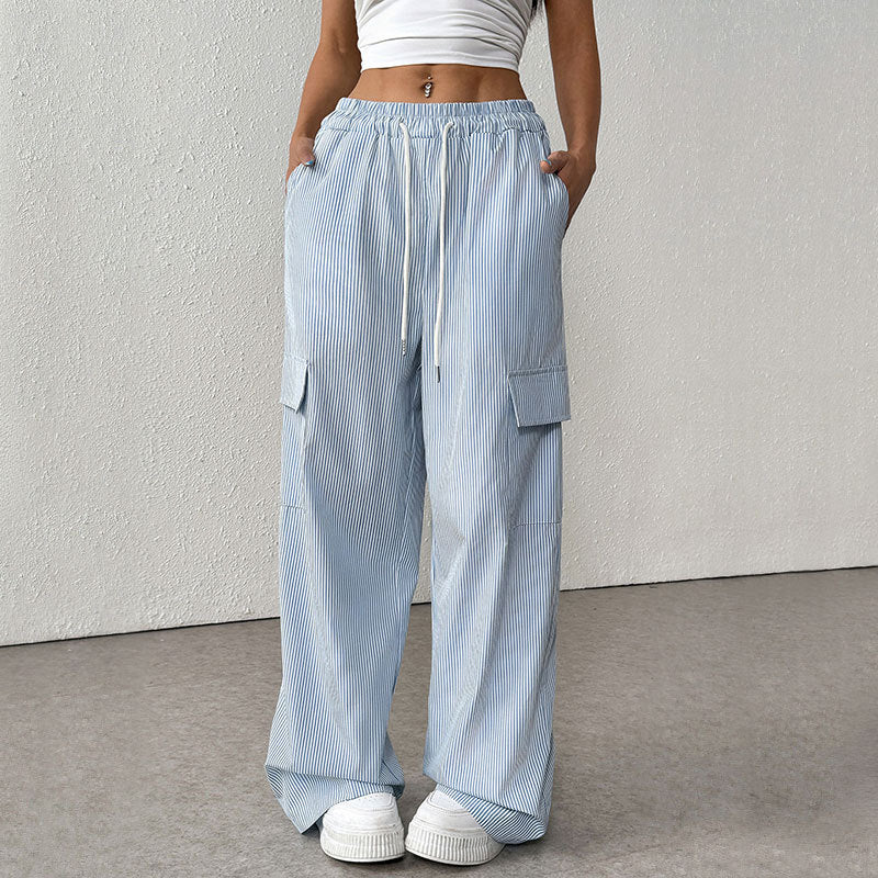 Pleated Wide-Leg Cargo Pants with Drawstring Waist