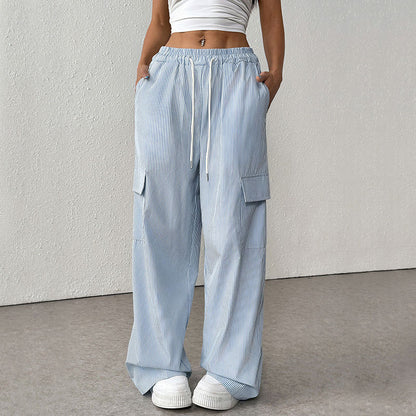 Pleated Wide-Leg Cargo Pants with Drawstring Waist