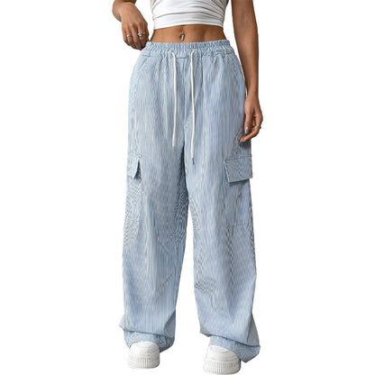 Pleated Wide-Leg Cargo Pants with Drawstring Waist
