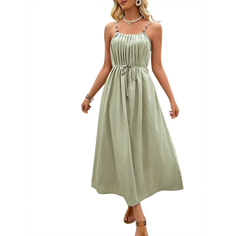 Solid Cami Midi Dress with Pleated Bust and Beaded Straps