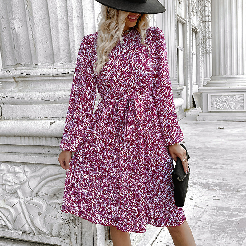 Ditsy Floral A-Line Dress with Stand Collar and Tie-Waist