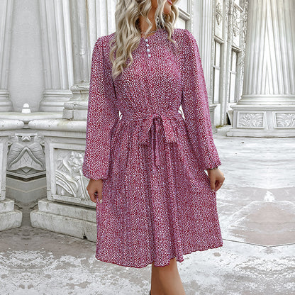 Ditsy Floral A-Line Dress with Stand Collar and Tie-Waist