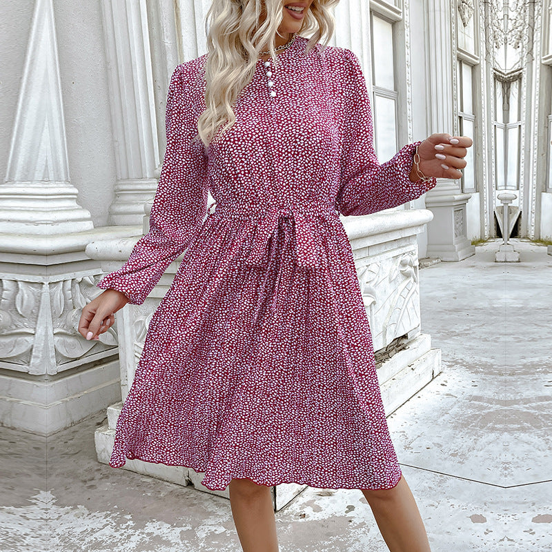 Ditsy Floral A-Line Dress with Stand Collar and Tie-Waist