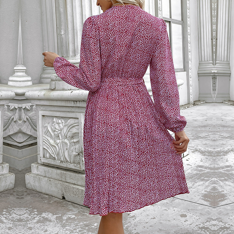 Ditsy Floral A-Line Dress with Stand Collar and Tie-Waist