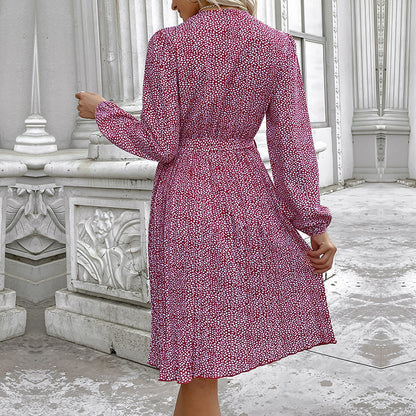 Ditsy Floral A-Line Dress with Stand Collar and Tie-Waist