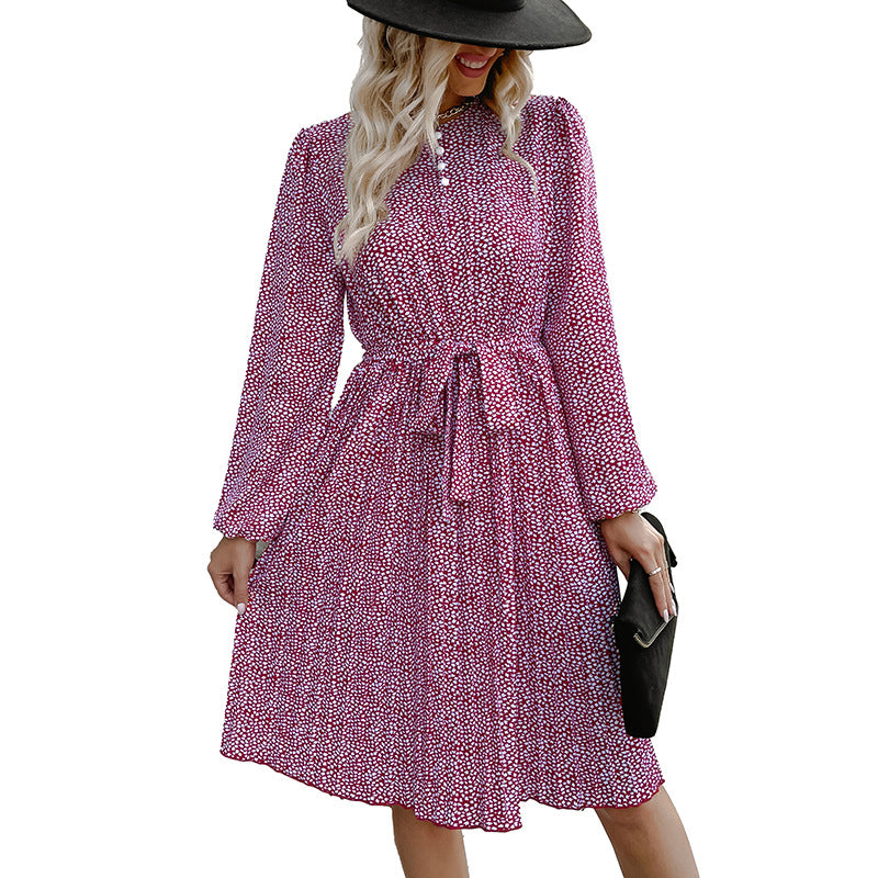 Ditsy Floral A-Line Dress with Stand Collar and Tie-Waist