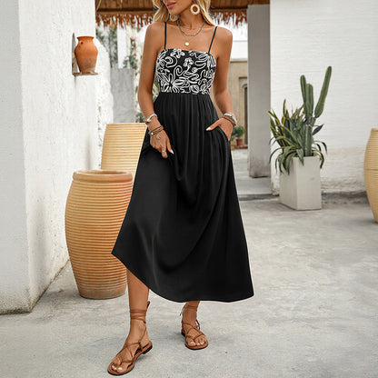 Floral Embroidered Long Dress with Straps and High Waist