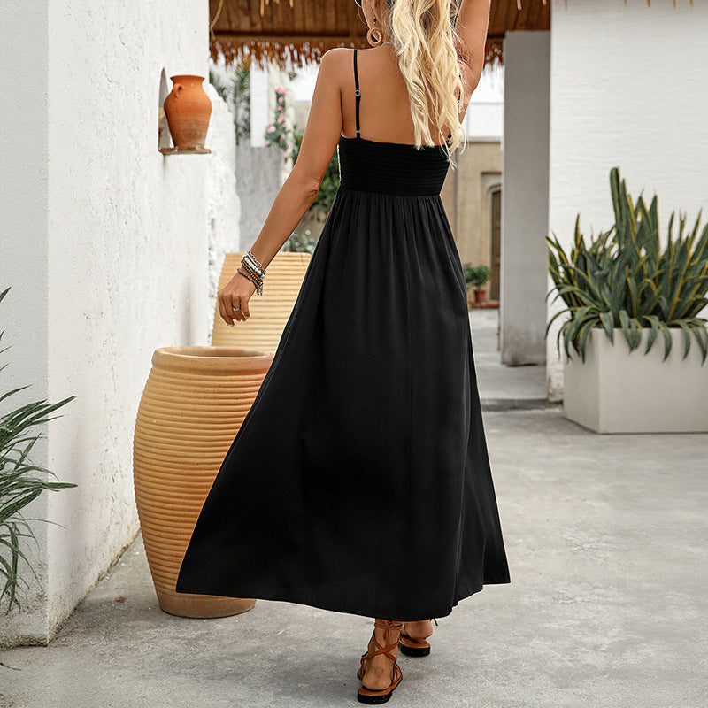 Floral Embroidered Long Dress with Straps and High Waist