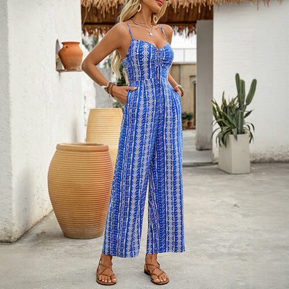 Ethnic Printed Wide-Leg Jumpsuit with Tie-Front Bust and Spaghetti Straps