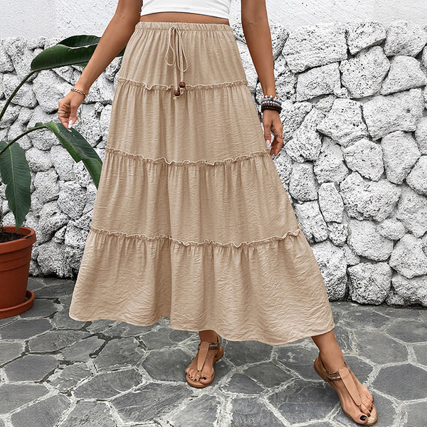 High-Waist Tiered Midi Skirt with Ruffled Tiers