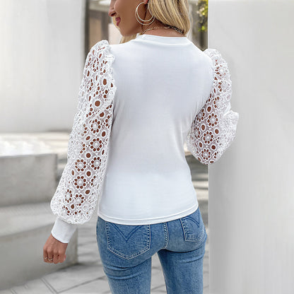 Slim Fit Ribbed T-Shirt with Lace Puff Sleeves