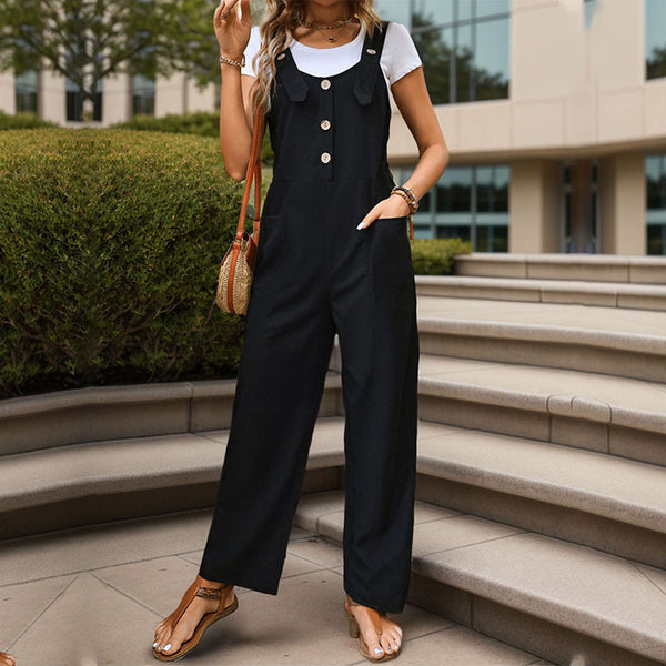 Casual Sleeveless Overalls with Button Front and Wide Legs