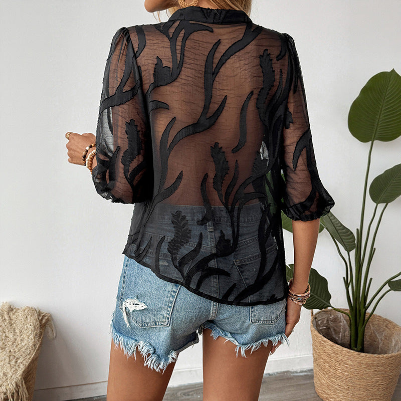 Solid Blouse with Stand Collar and Textured Sheer Puff Sleeves