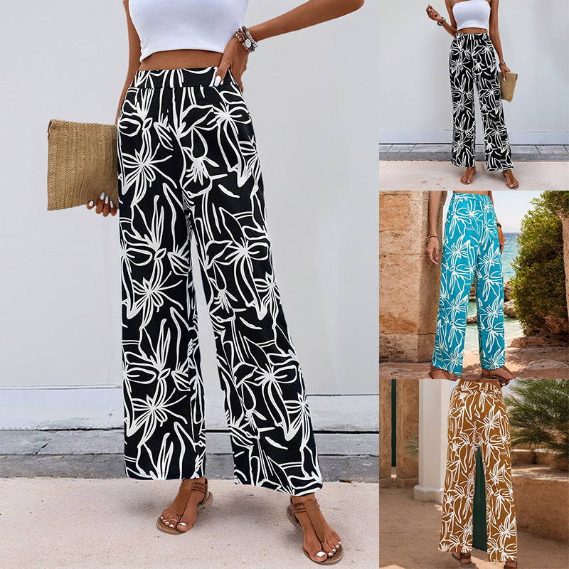 Tropical Print Wide-Leg Pants with High Waist