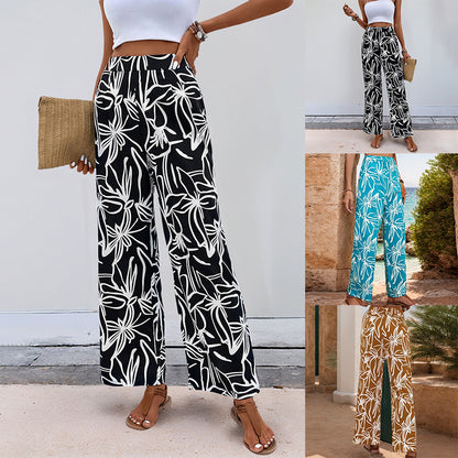 Tropical Print Wide-Leg Pants with High Waist