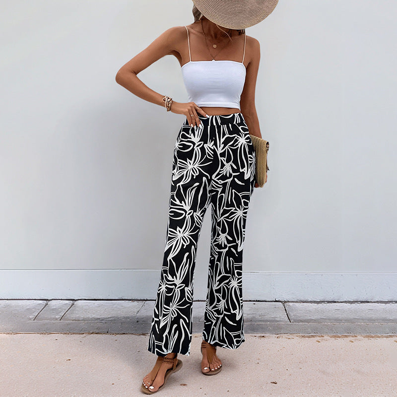 Tropical Print Wide-Leg Pants with High Waist
