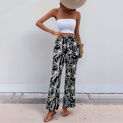 Tropical Print Wide-Leg Pants with High Waist