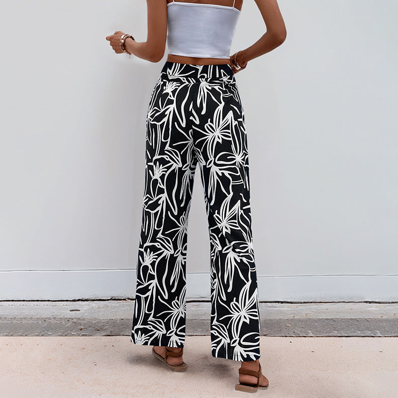 Tropical Print Wide-Leg Pants with High Waist