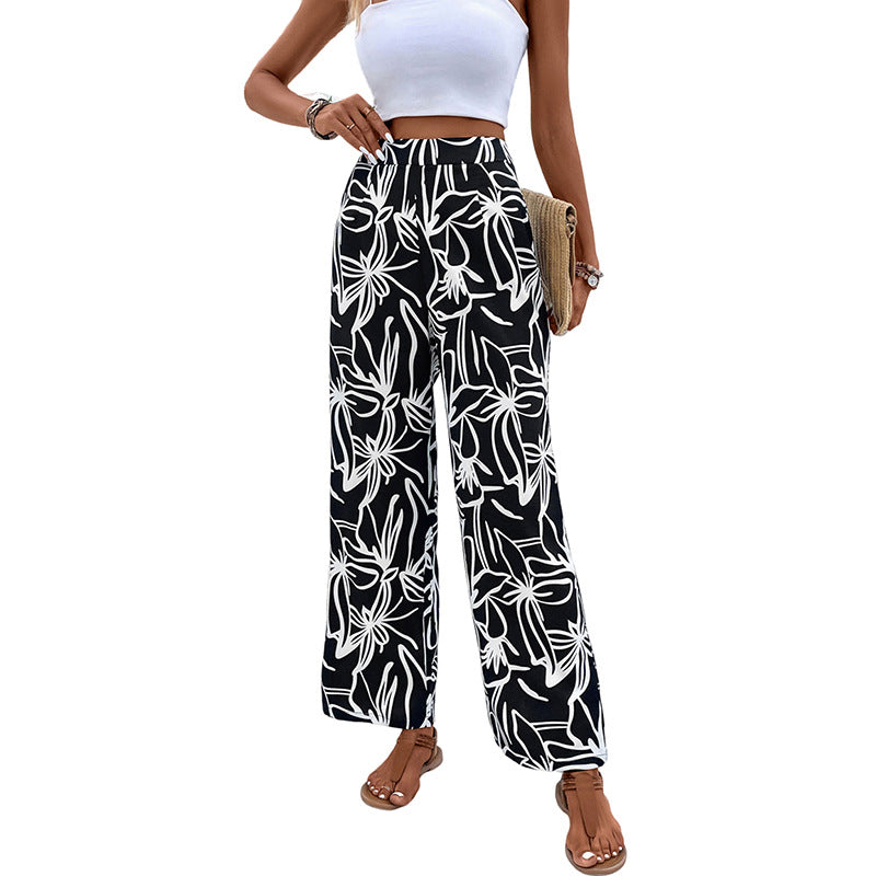 Tropical Print Wide-Leg Pants with High Waist