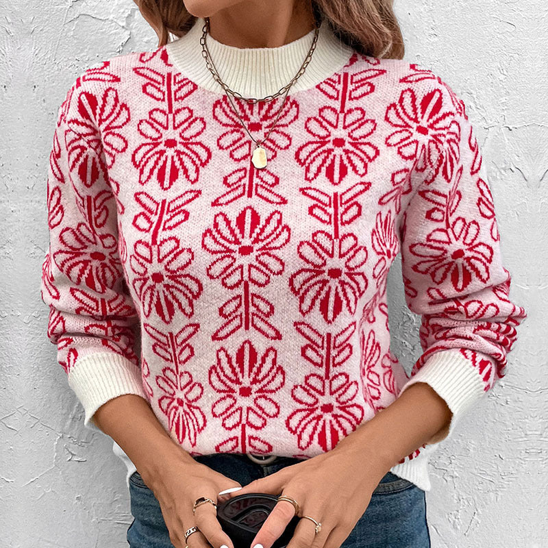 Loose Floral Jacquard Knit Pullover with Half-Turtleneck
