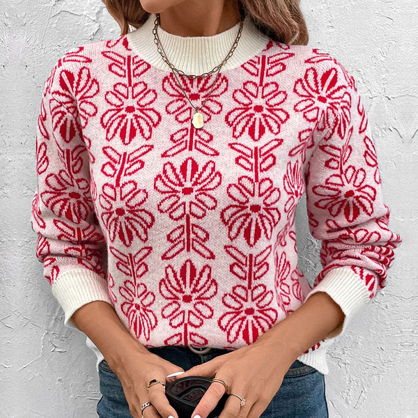 Loose Floral Jacquard Knit Pullover with Half-Turtleneck