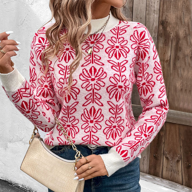 Loose Floral Jacquard Knit Pullover with Half-Turtleneck