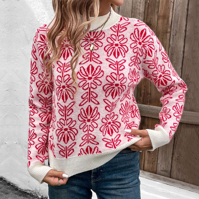 Loose Floral Jacquard Knit Pullover with Half-Turtleneck
