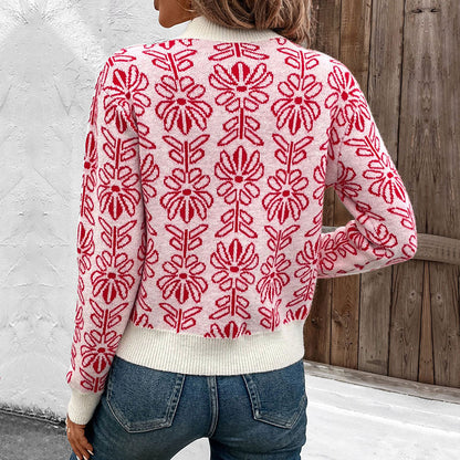 Loose Floral Jacquard Knit Pullover with Half-Turtleneck