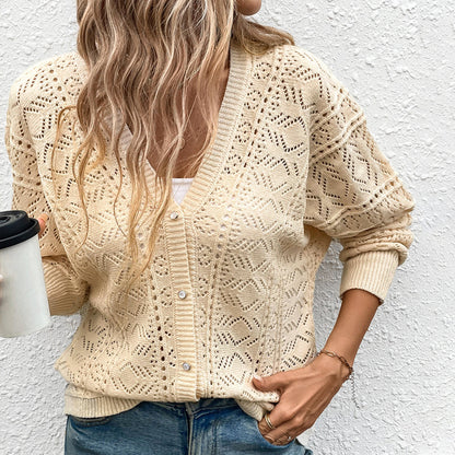 Retro V-Neck Cardigan with Openwork Knit Design