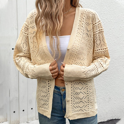 Retro V-Neck Cardigan with Openwork Knit Design