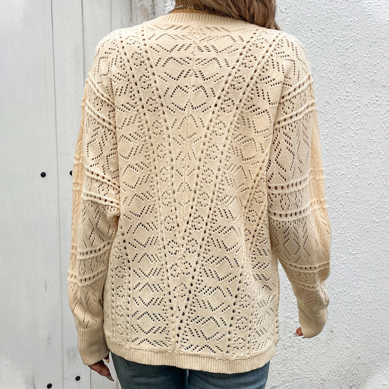 Retro V-Neck Cardigan with Openwork Knit Design