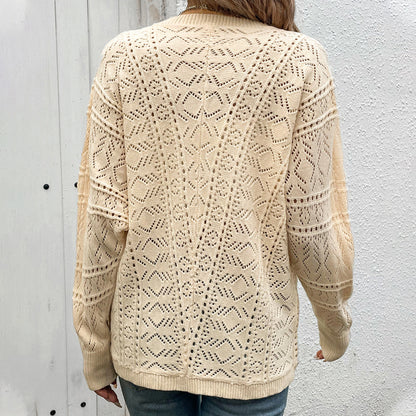 Retro V-Neck Cardigan with Openwork Knit Design