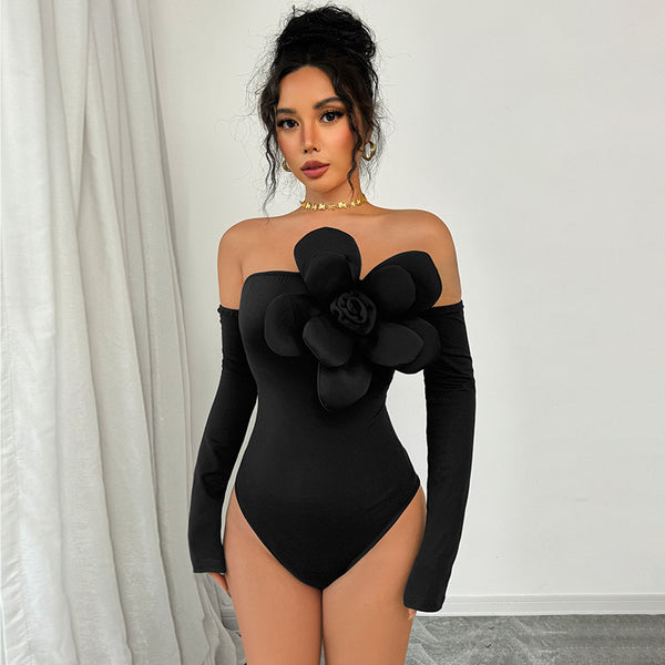 Bodycon Bodysuit with Off-Shoulder and 3D Floral Appliqué