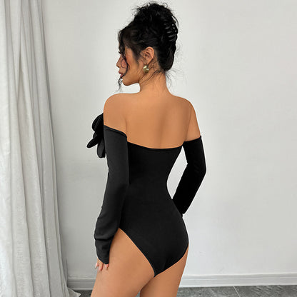 Bodycon Bodysuit with Off-Shoulder and 3D Floral Appliqué