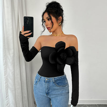 Bodycon Bodysuit with Off-Shoulder and 3D Floral Appliqué