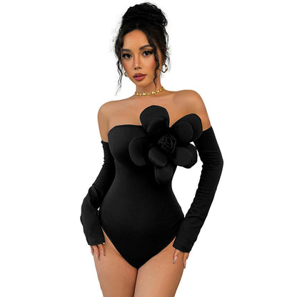 Bodycon Bodysuit with Off-Shoulder and 3D Floral Appliqué