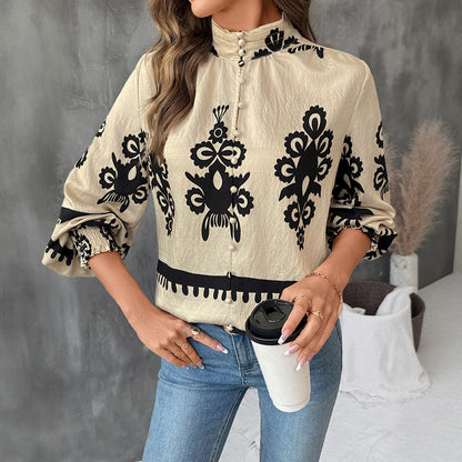 Ethnic Printed Blouse with Stand Collar and Lantern Sleeves
