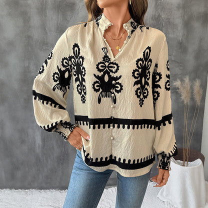Ethnic Printed Blouse with Stand Collar and Lantern Sleeves