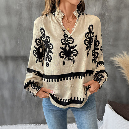 Ethnic Printed Blouse with Stand Collar and Lantern Sleeves