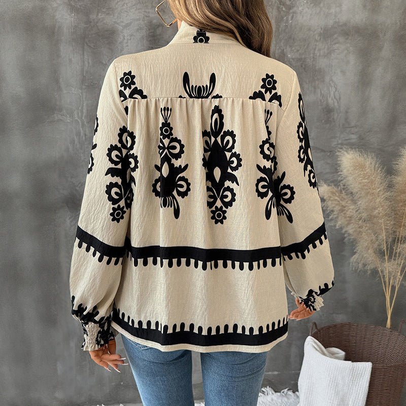 Ethnic Printed Blouse with Stand Collar and Lantern Sleeves