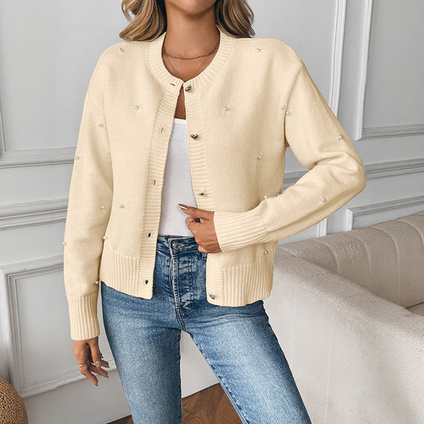 Solid Knit Cardigan with Pearl Embellishments and Heart Buttons