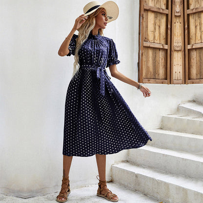 Polka Dot Pleated Midi Dress with Half Turtleneck and Tie-Waist
