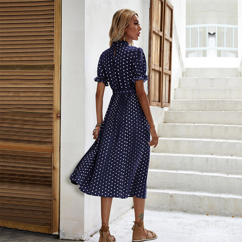 Polka Dot Pleated Midi Dress with Half Turtleneck and Tie-Waist