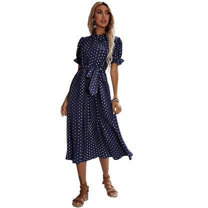 Polka Dot Pleated Midi Dress with Half Turtleneck and Tie-Waist