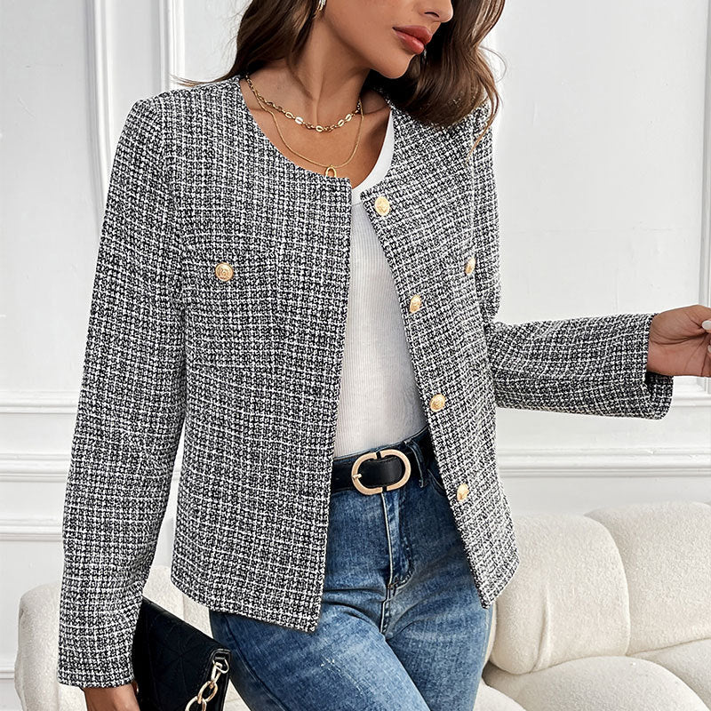 Plaid Tweed Jacket with Round Neck and Gold Buttons